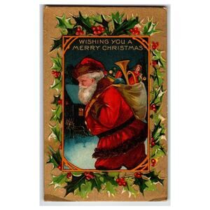 Vintage Embossed Santa Claus Christmas Postcard Holly & Berries Gilt Accent AP